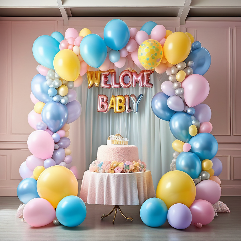 اتاقی پر از بادکنک های پاستلی و بادکنک فویلی بزرگ "Welcome Baby" در چیدمانی جشن.