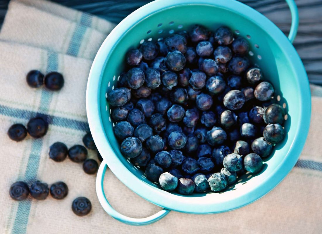 overhead view of washed blueberries in a teal colander