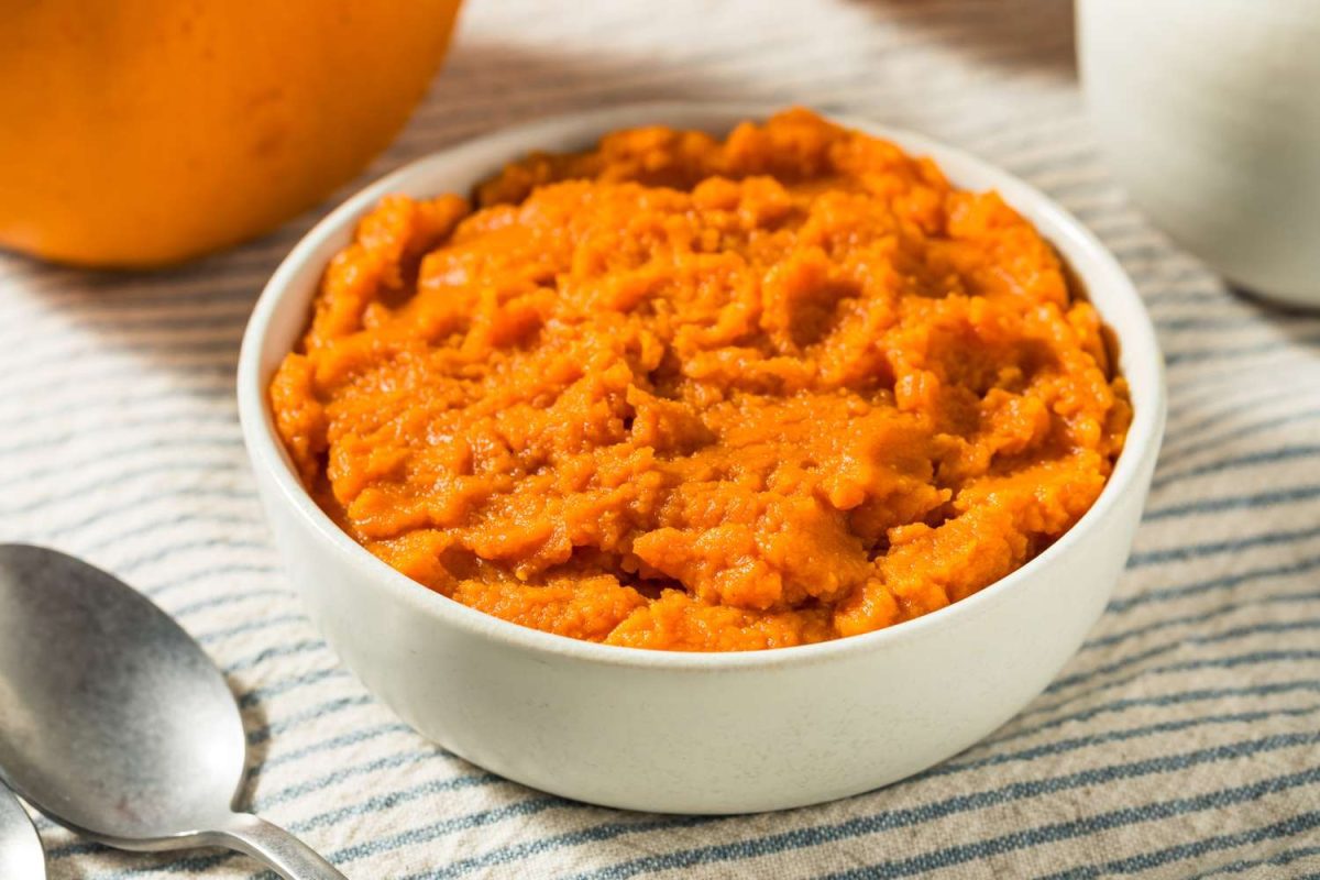 Organic Raw Orange Pumpkin Puree in a Bowl