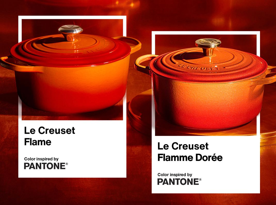 Le Creuset pots in two designs labeled Flame and Flamme Dore collaboration with Pantone