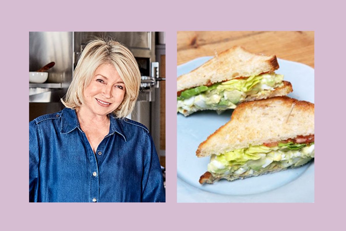 Martha Stewart alongside a plate with a sandwich