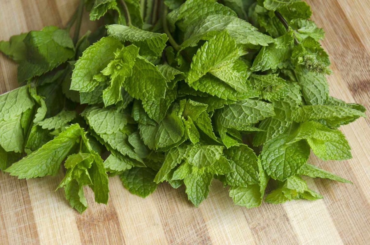 A bunch of fresh mint leaves on a wooden surface